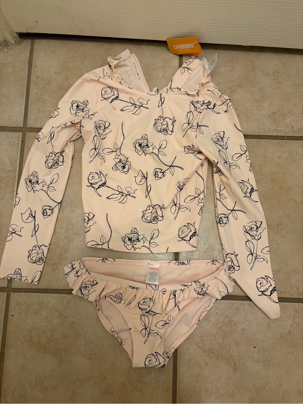 Gymboree light Pink black Floral Long-Sleeve Rash Guard Bikini Set